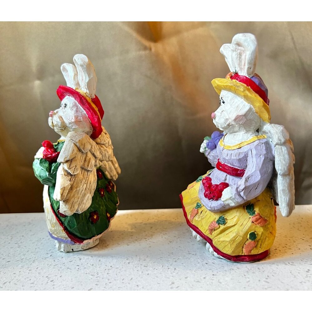 Two Bunny Garden Angel Figurines With Hats & Dresses Hand-Painted Decor - Picture 3 of 12